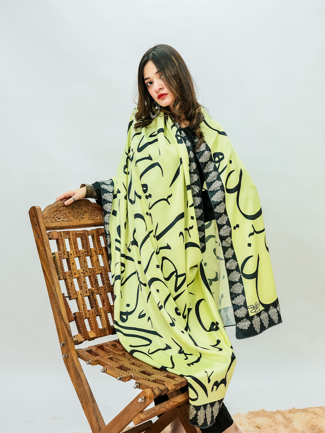 Huroof V2 Silk Dupatta (Lemon Green)