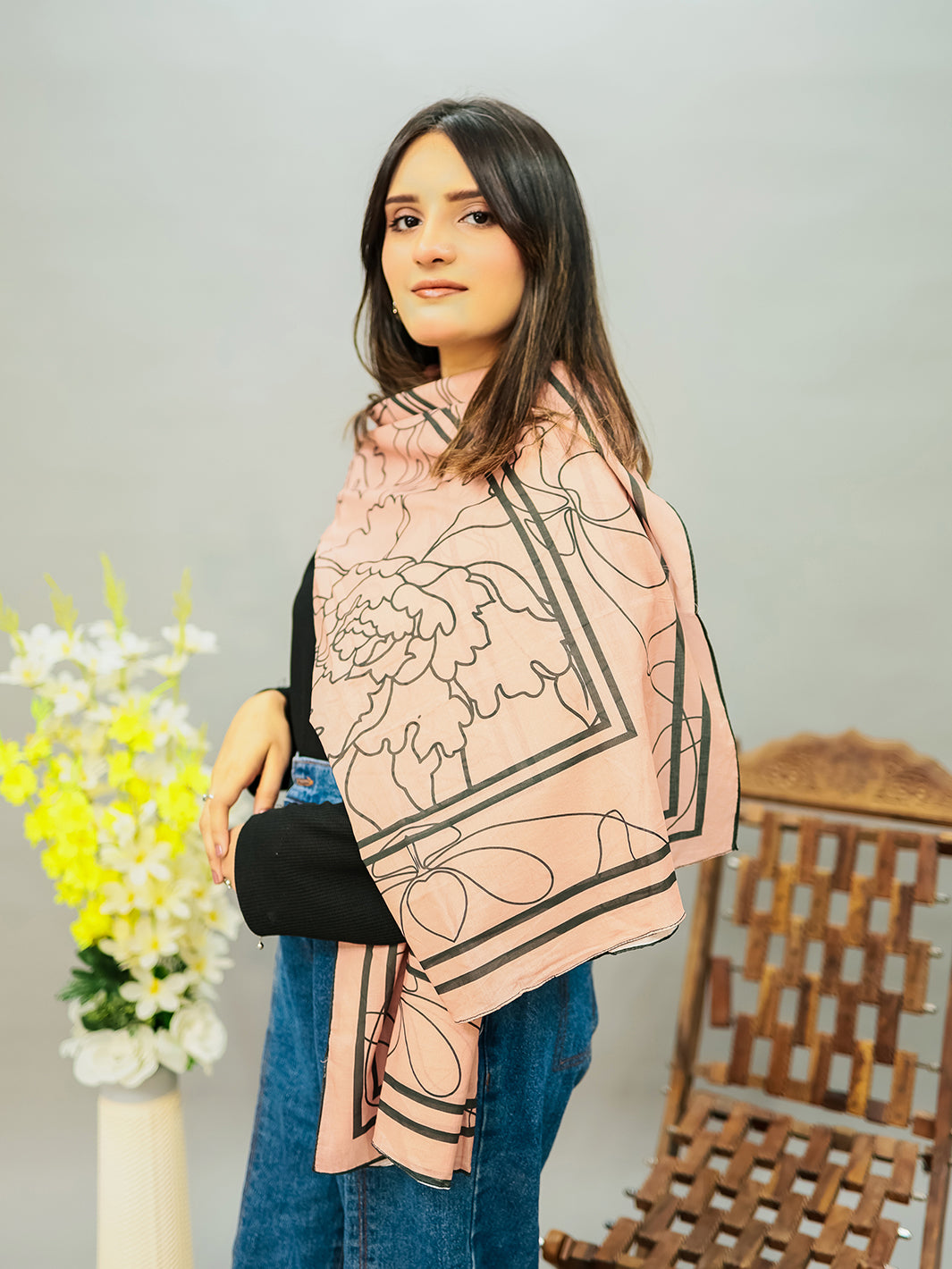 Floral Lawn Stole (Light Brown)