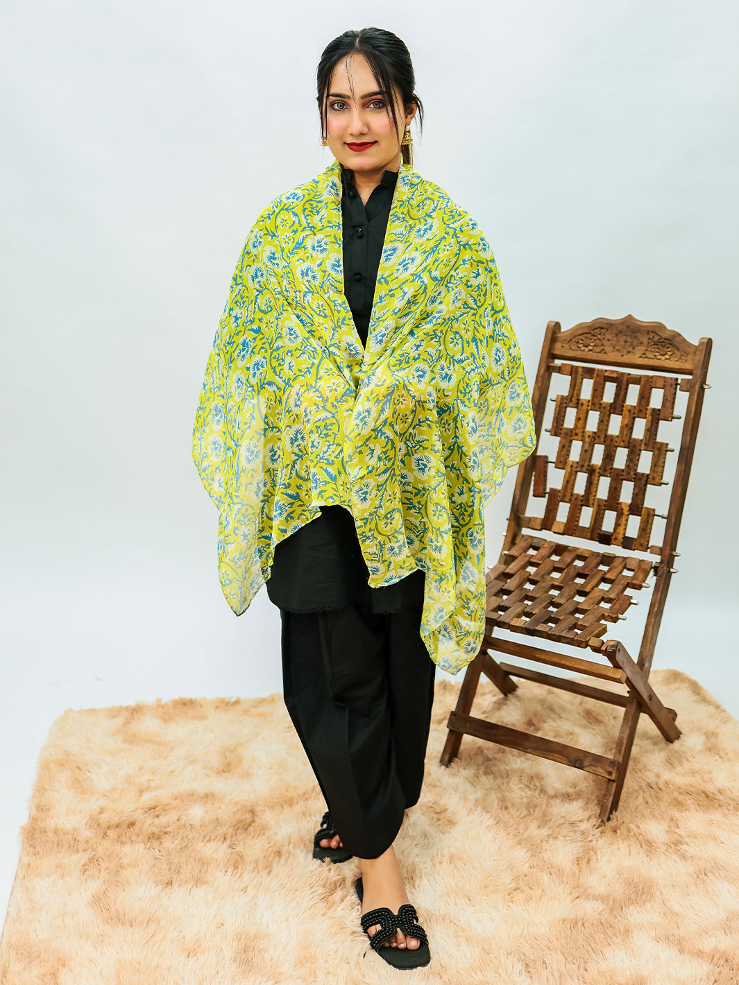 Orchids Floral Silk Stole (Green)